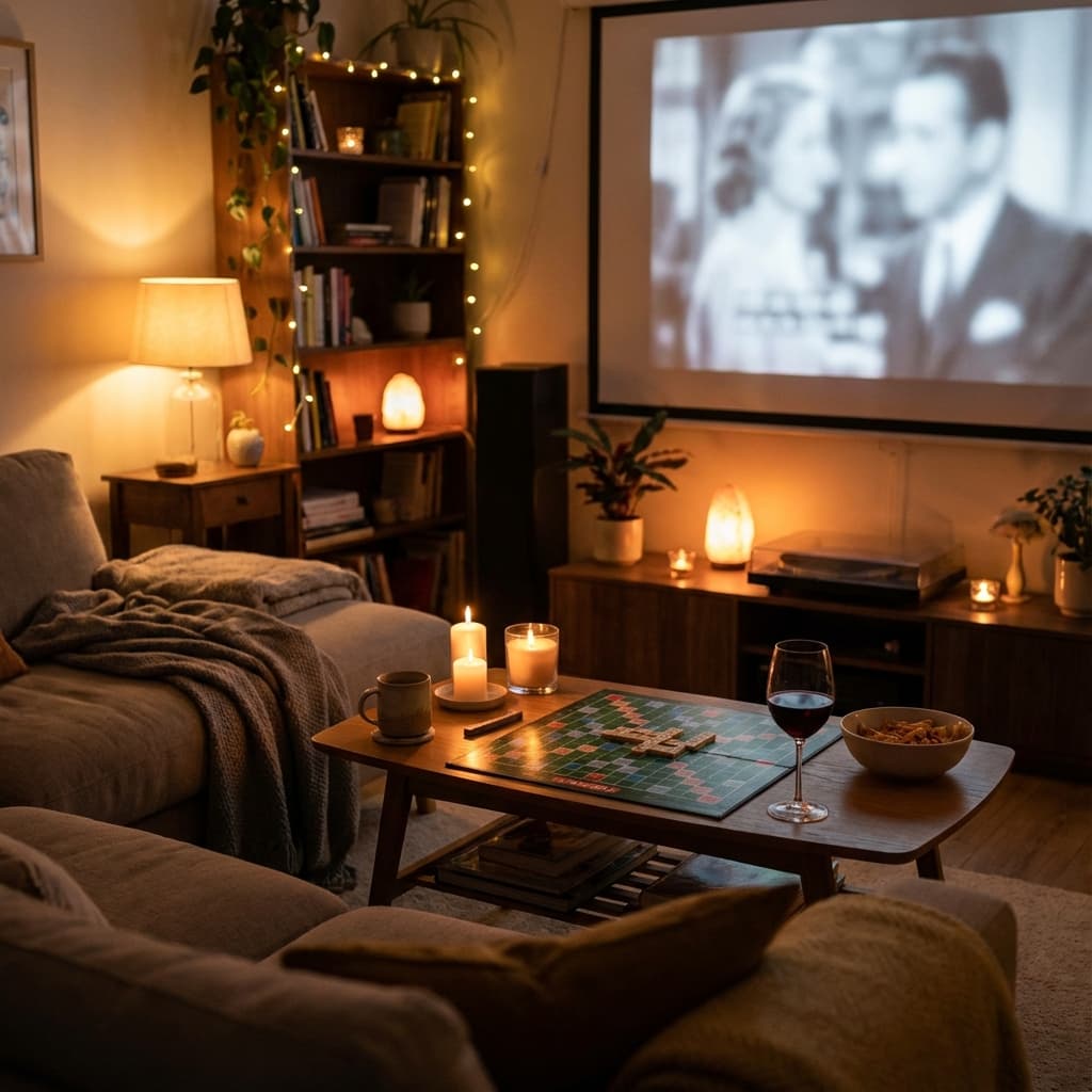 Gemütliches Date zu Hause mit Kerzen, Wein und Spielen - Romantische Stimmung